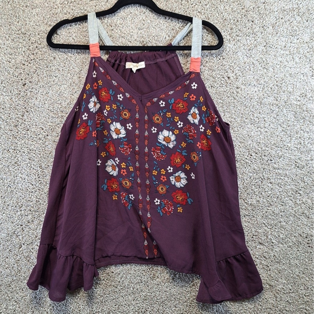 Rewind‎ Tank Top Womens L Purple Floral Embroidered Boho Ruffle Hem Peasant